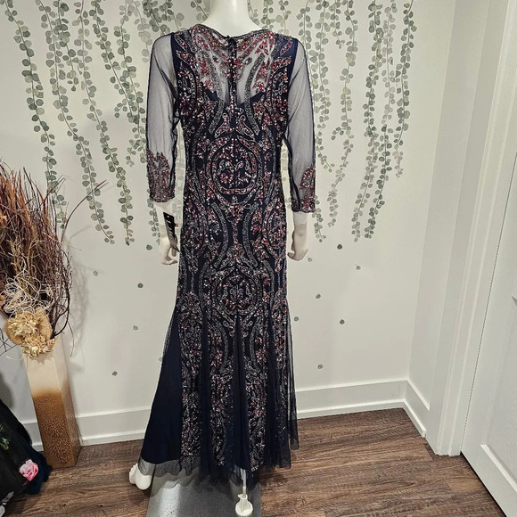 PISARRO NIGHTS Sequin Beaded Illusion Gown In Navy Sz 10 - Picture 7 of 12